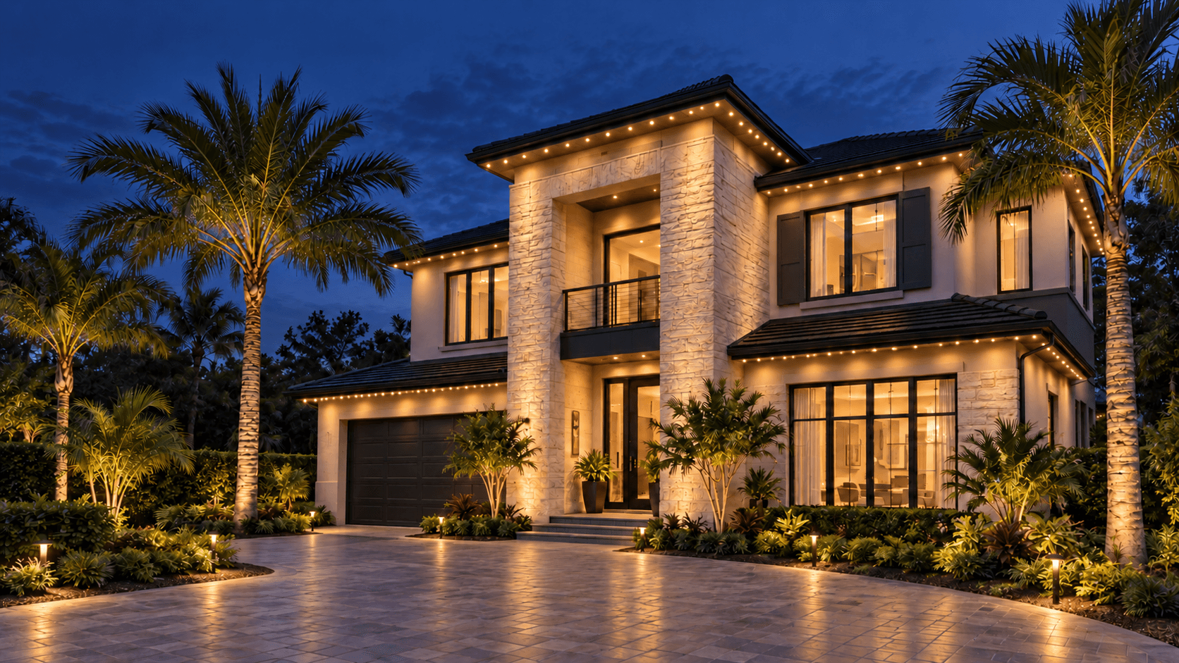 The same view with warm roofline lighting, façade washes and uplit palms switched on.