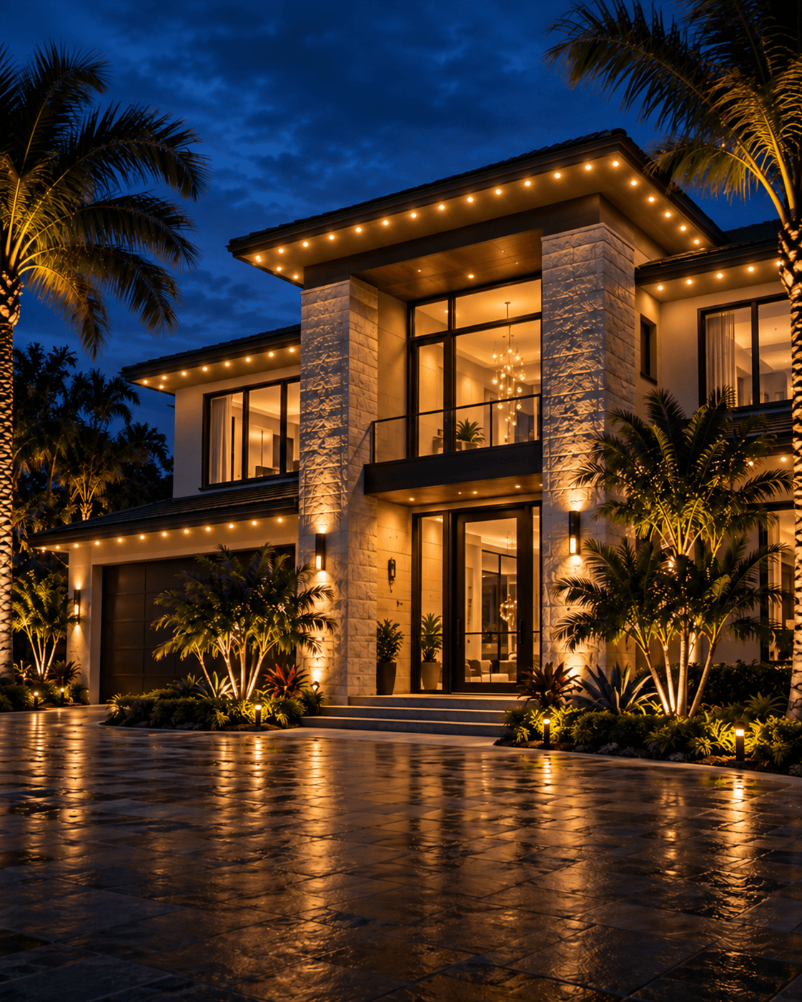 A modern stone-and-glass home at night, warm architectural lighting tracing the eaves and washing the columns, palms uplit alongside.