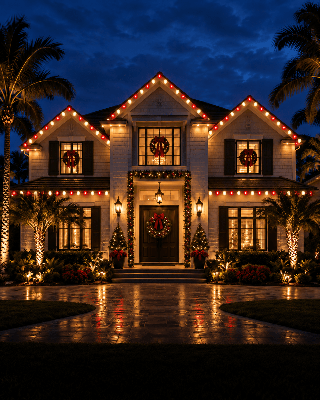 A home at dusk with warm white and red lighting outlining every roofline, lit wreaths in the windows and garland framing the entry.