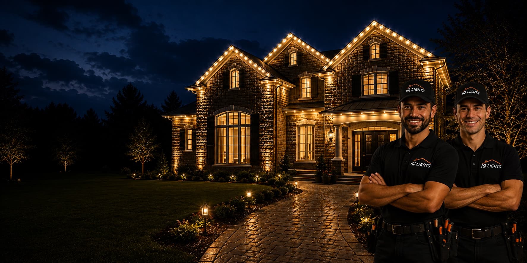 A premium single-family home at dusk with the roofline warmly lit, two iQ Lights technicians at the right of frame.